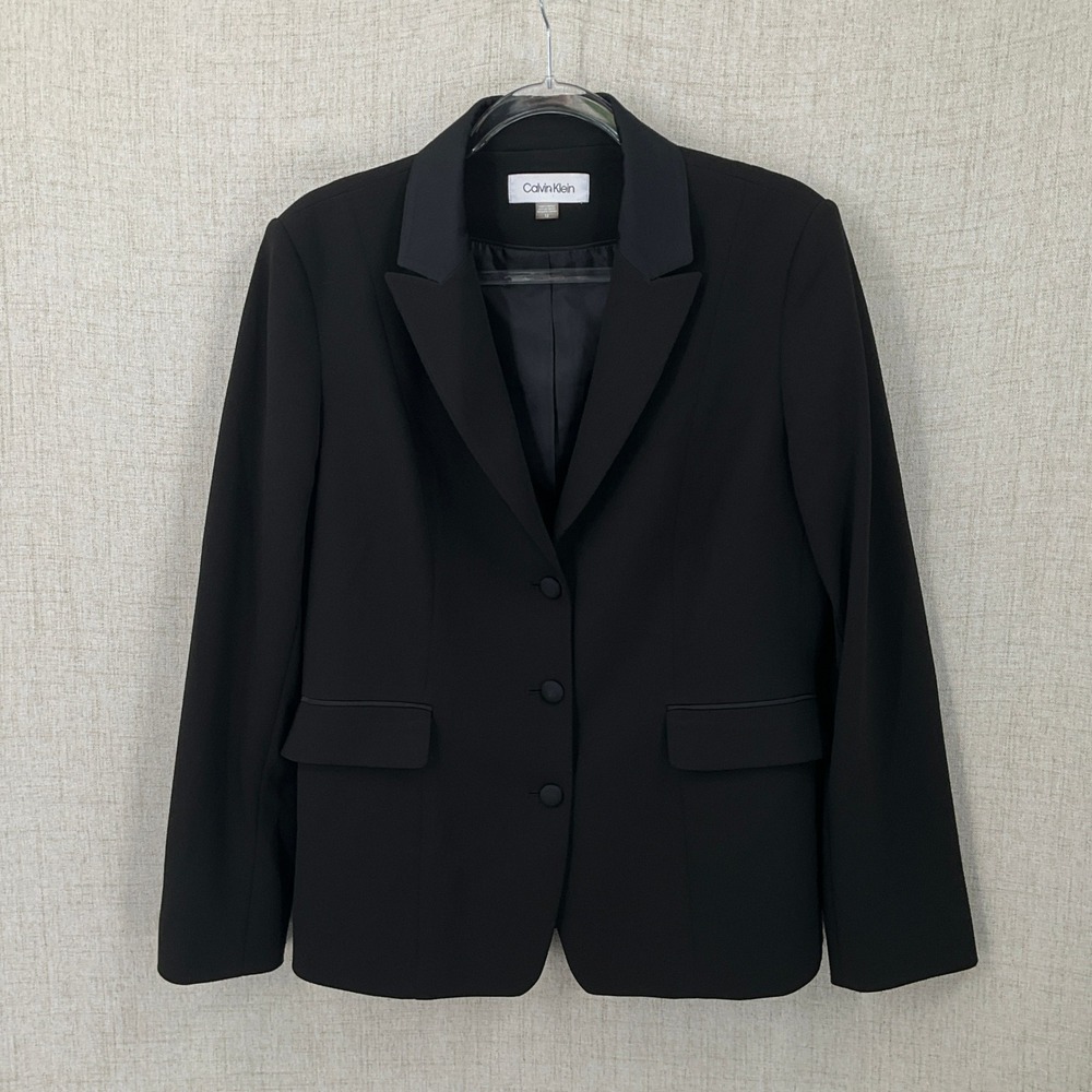Calvin Klein Blazer Women 12 Black 3-Button Notched Lapel Classic Professional
